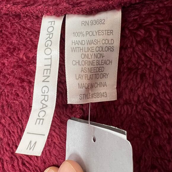 New Forgotten Grace Wine Red Faux Shearling Hooded Front Cardigan Women's Size M - Picture 4 of 6